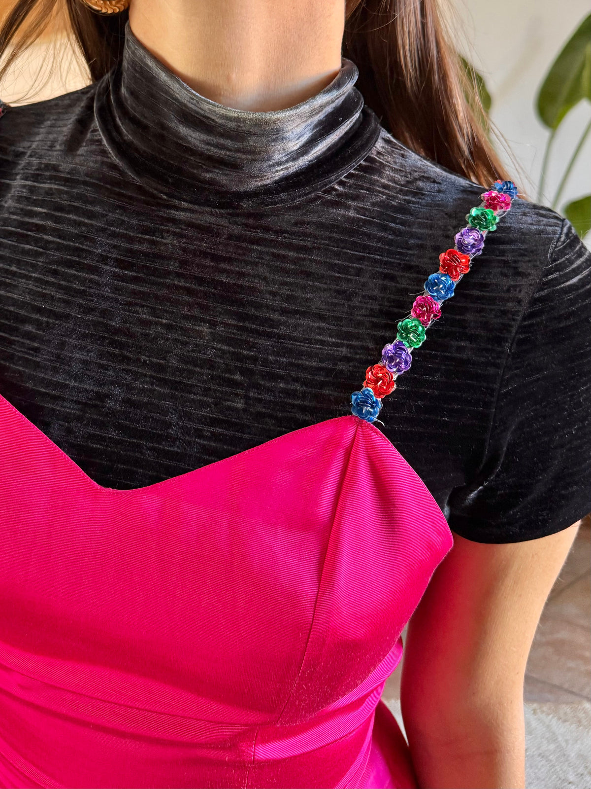 1990’s vintage fuchsia woven satin mini dress whit floral strap details