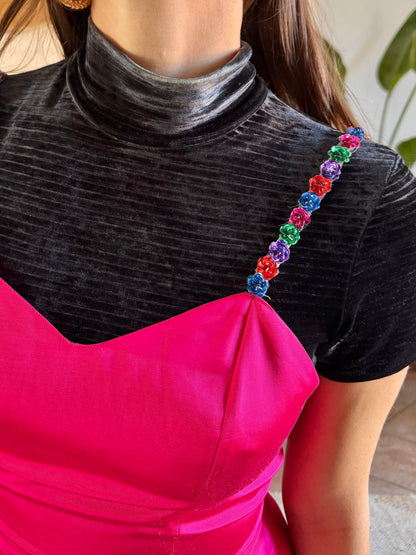1990’s vintage fuchsia woven satin mini dress whit floral strap details