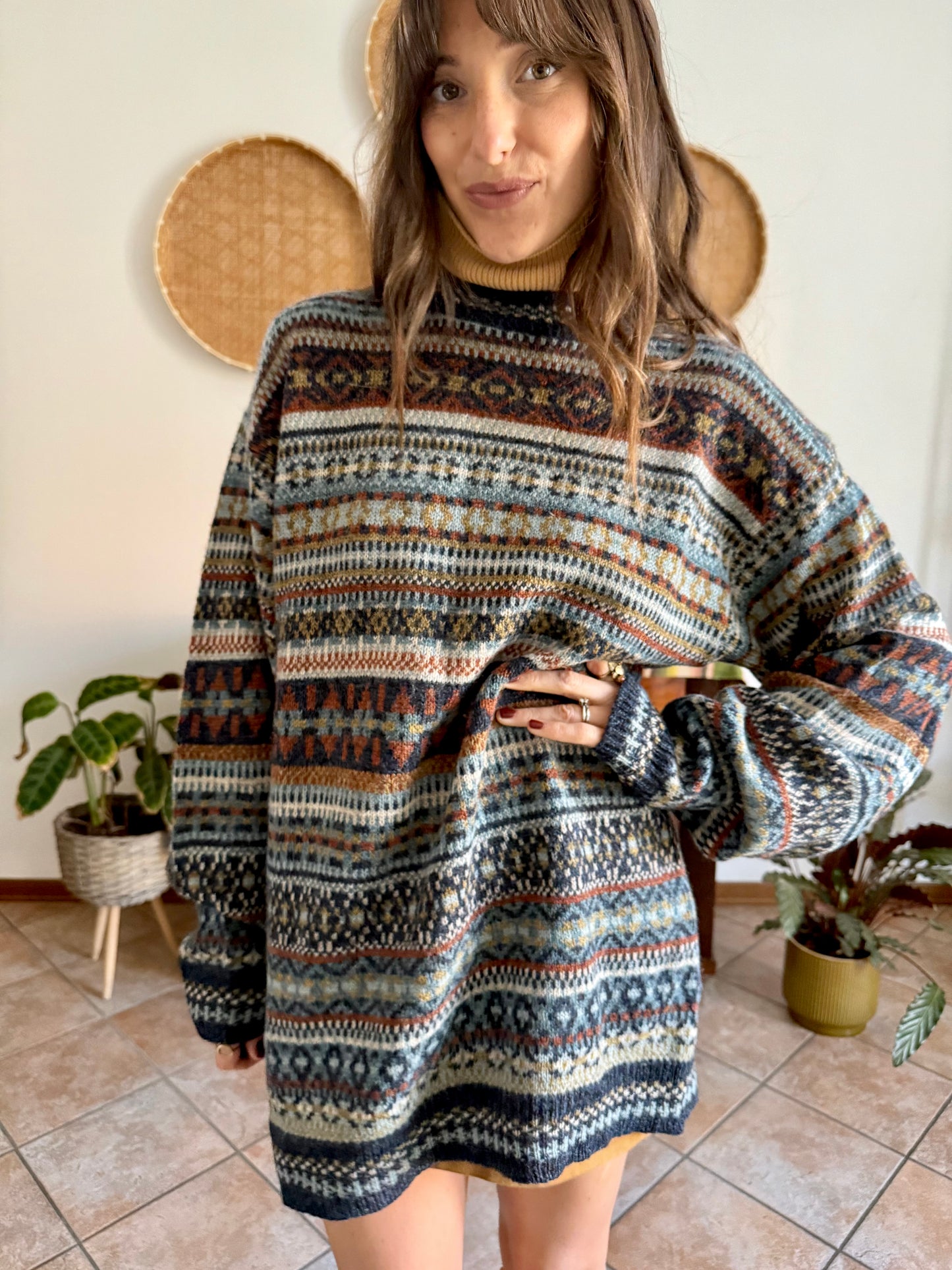 1990's vintage wool chocolate brown, navy and light blue geometric stripe knit sweater dress