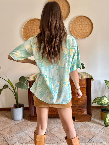 1990’s vintage yellow, teal and turquoise geometric print top