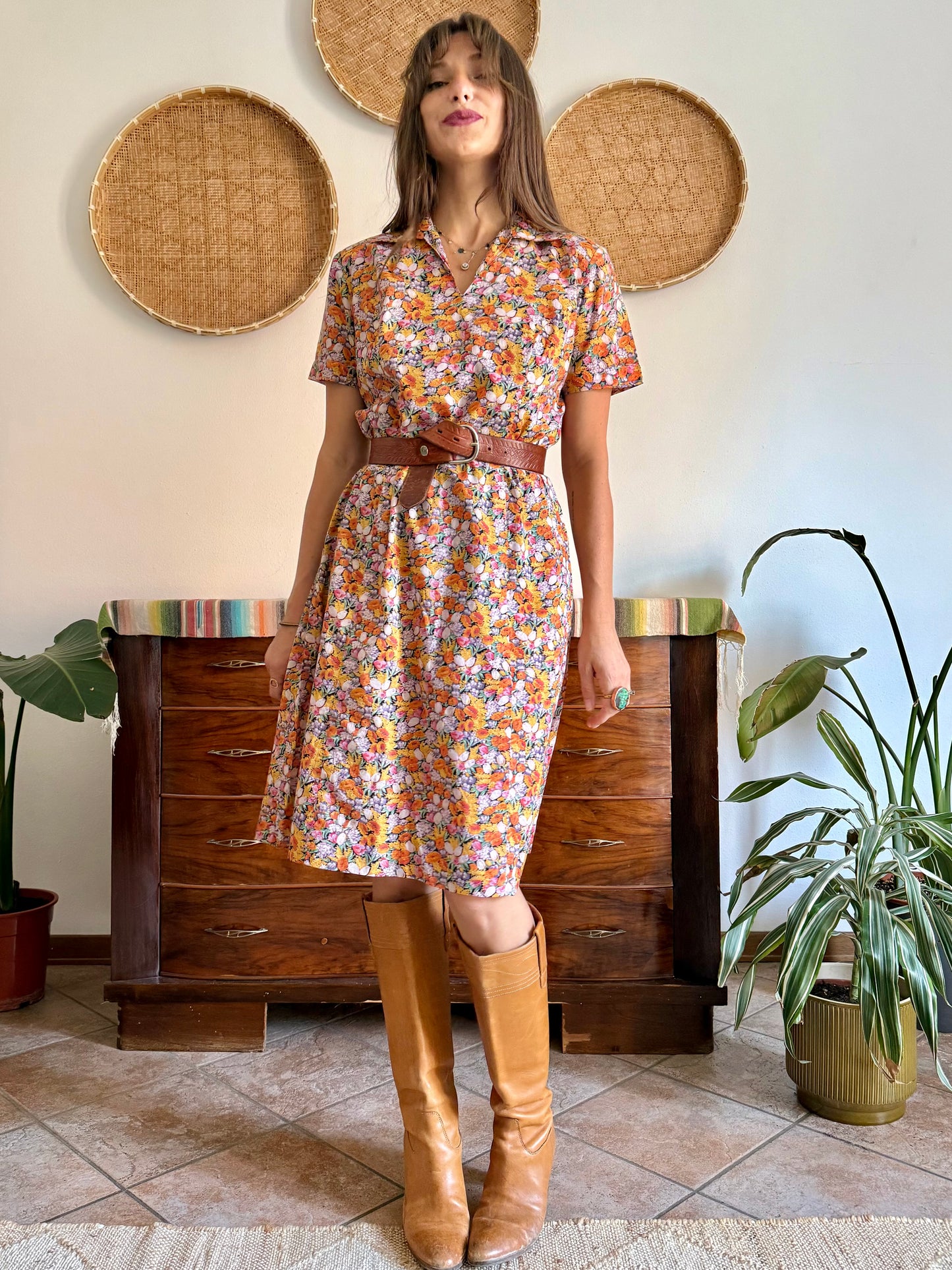 1960’s vintage multicolor pastel micro floral print midi dress