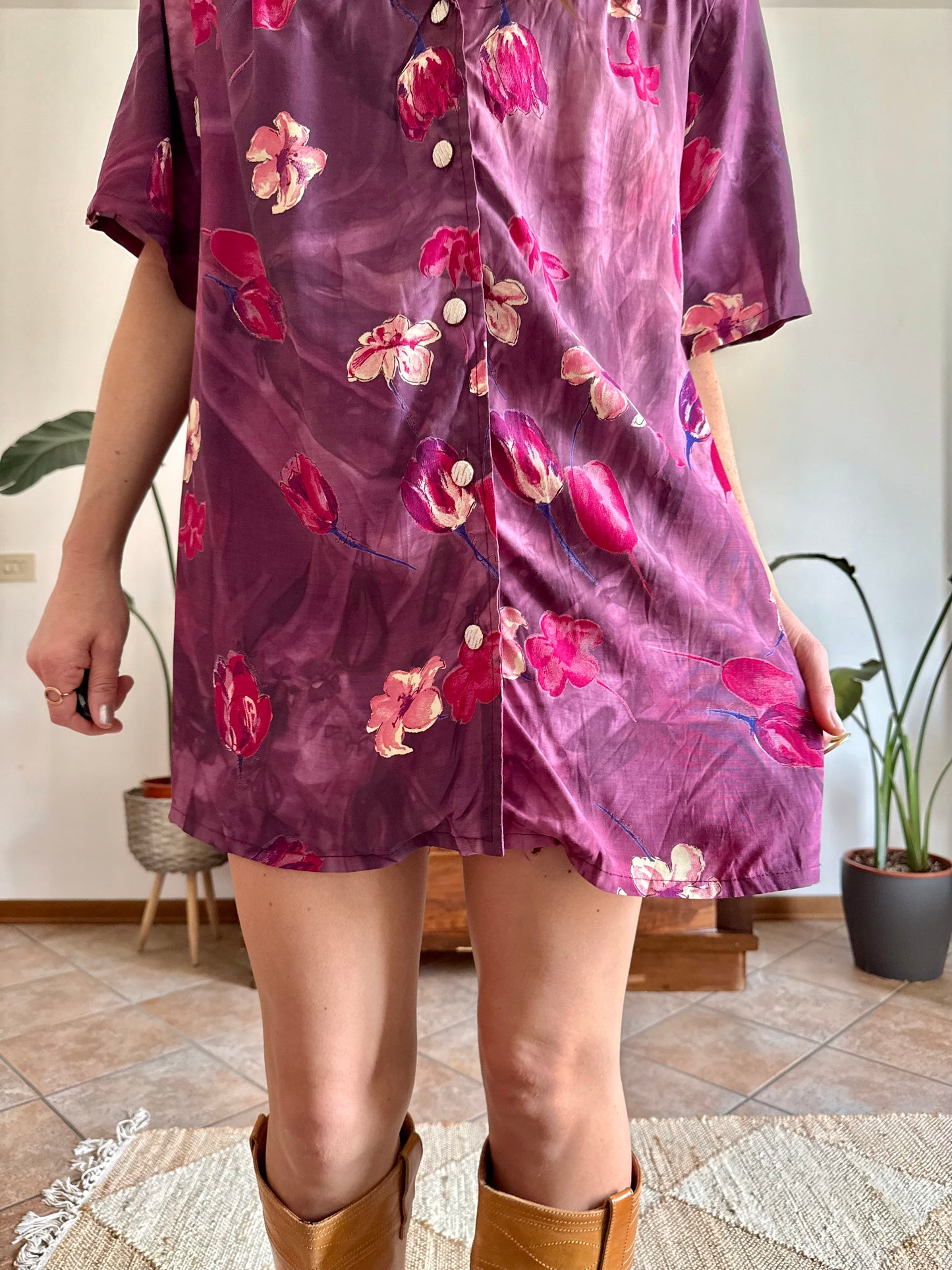 1980’s vintage fucsia and purple multi tonal floral shirt dress