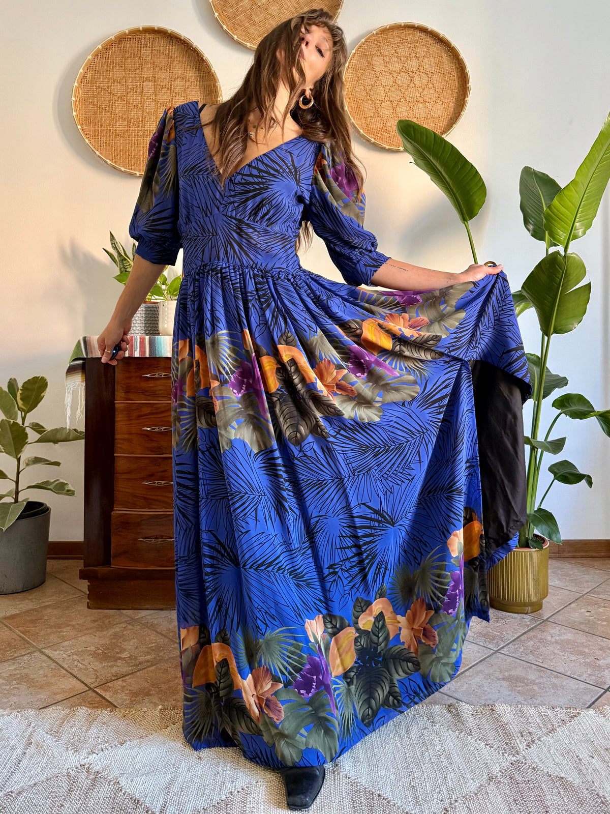 1960’s vintage blue floral silk evening gown with matching scarf and belt