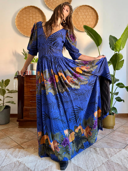 1960’s vintage blue floral silk evening gown with matching scarf and belt