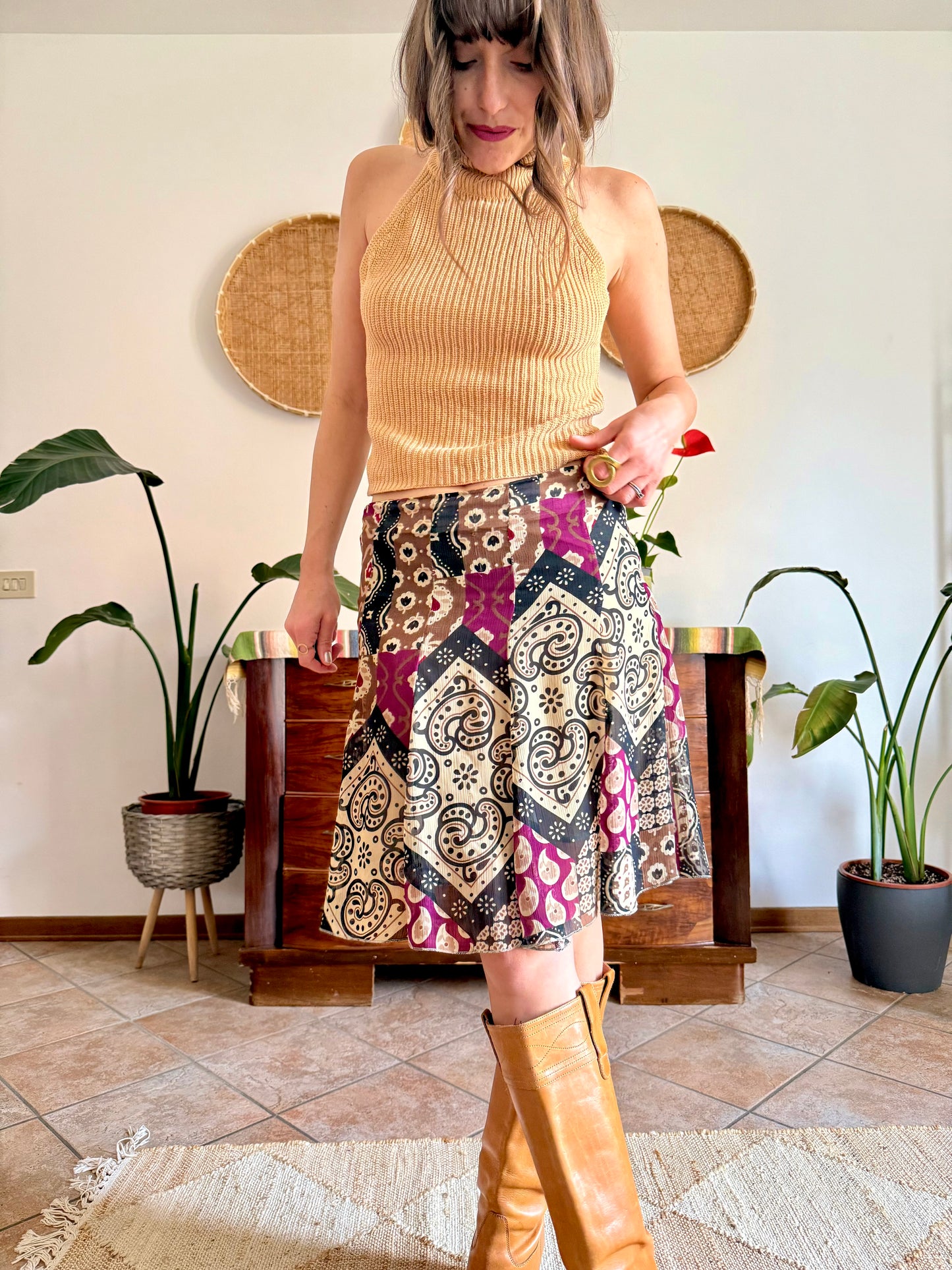 Y2K vintage burgundy, tan and black geometric print midi skirt