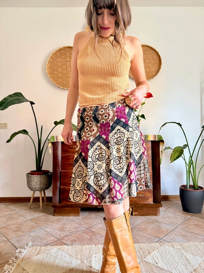 Y2K vintage burgundy, tan and black geometric print midi skirt