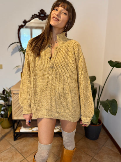 1970's vintage yellow thick knit wool pullover with grey flecks throughout