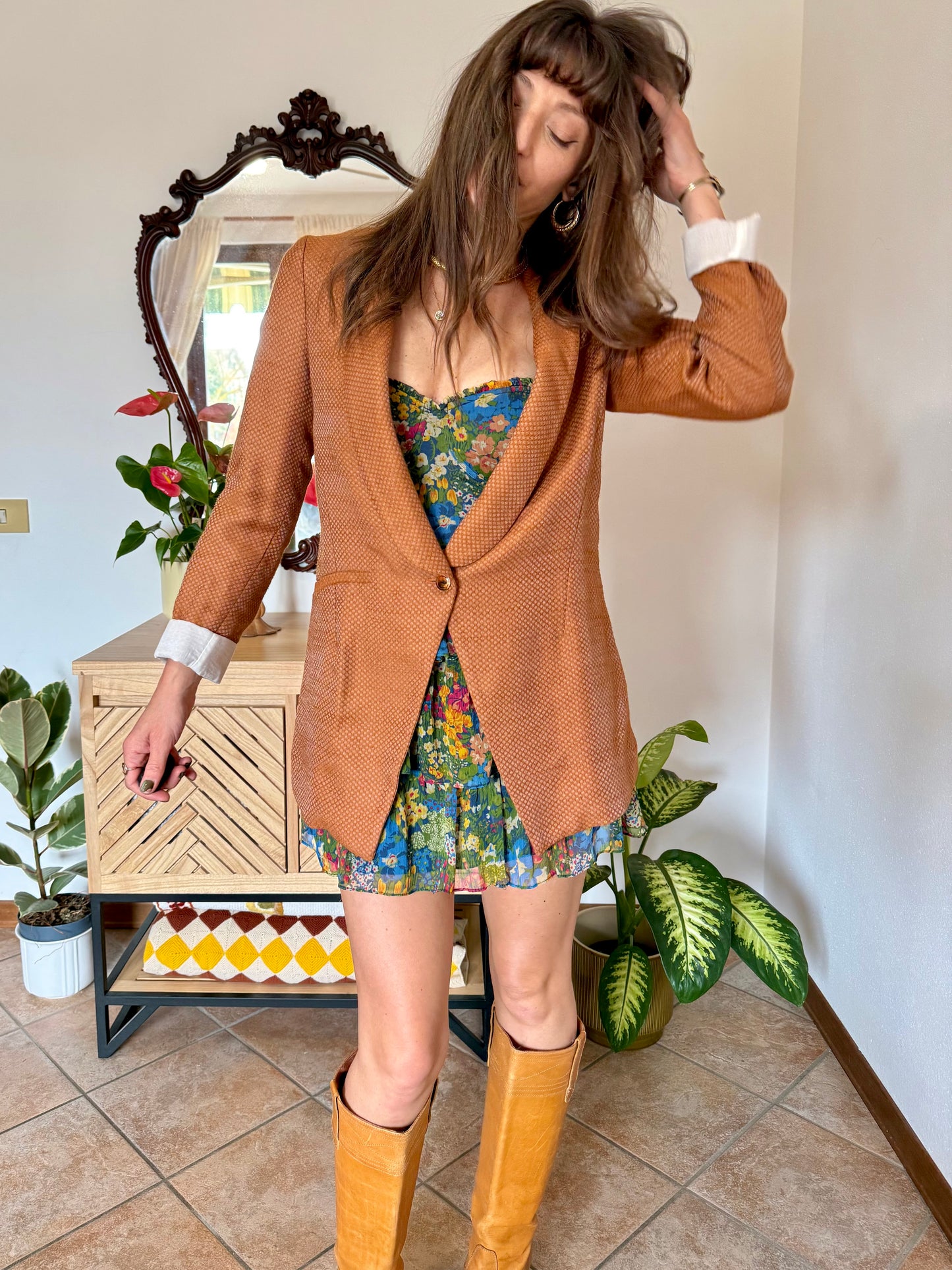 Y2k vintage orange and silver metallic polk a dot textured blazer