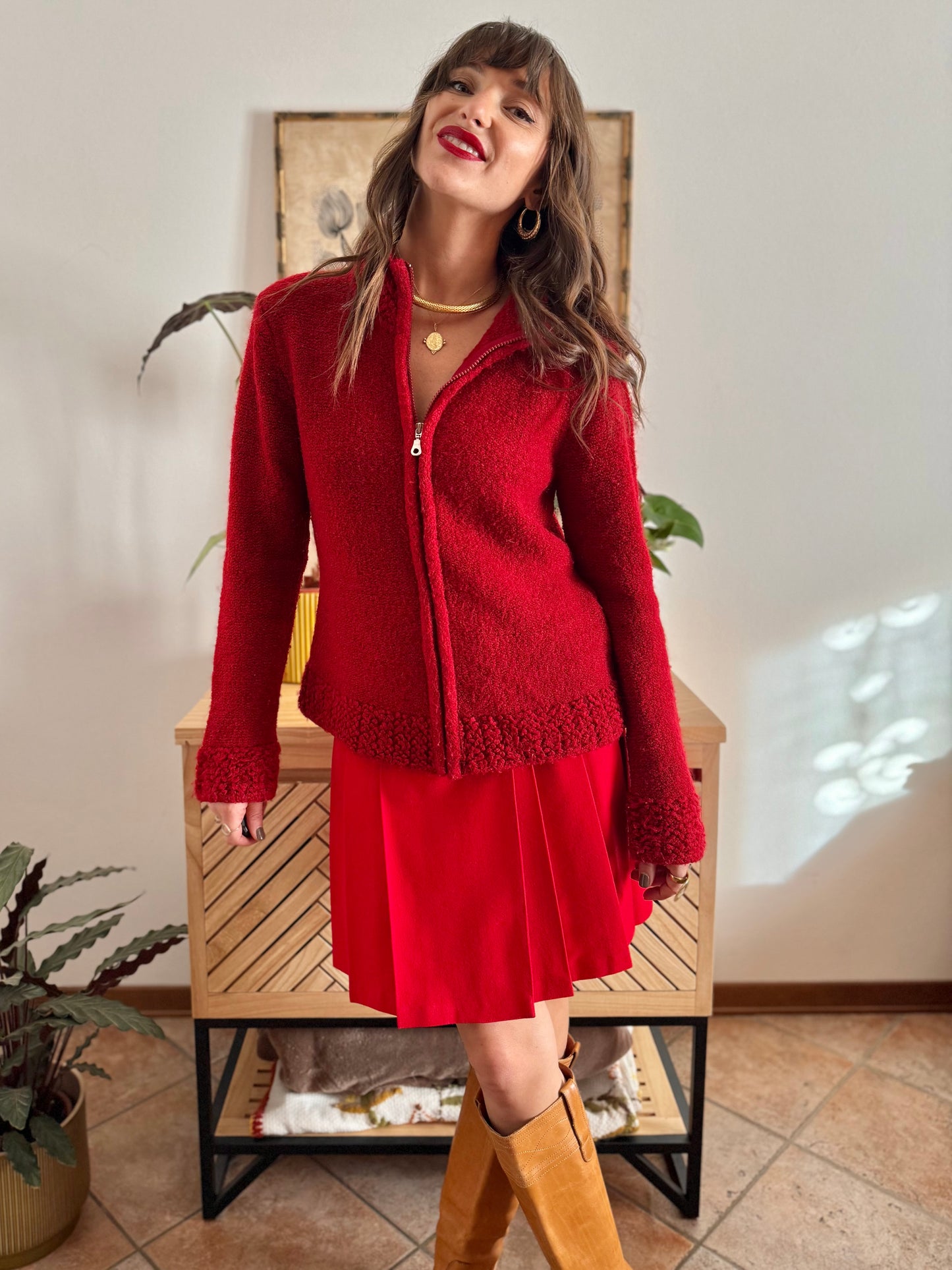 1990’s vintage textured cherry red knit zip up cardigan