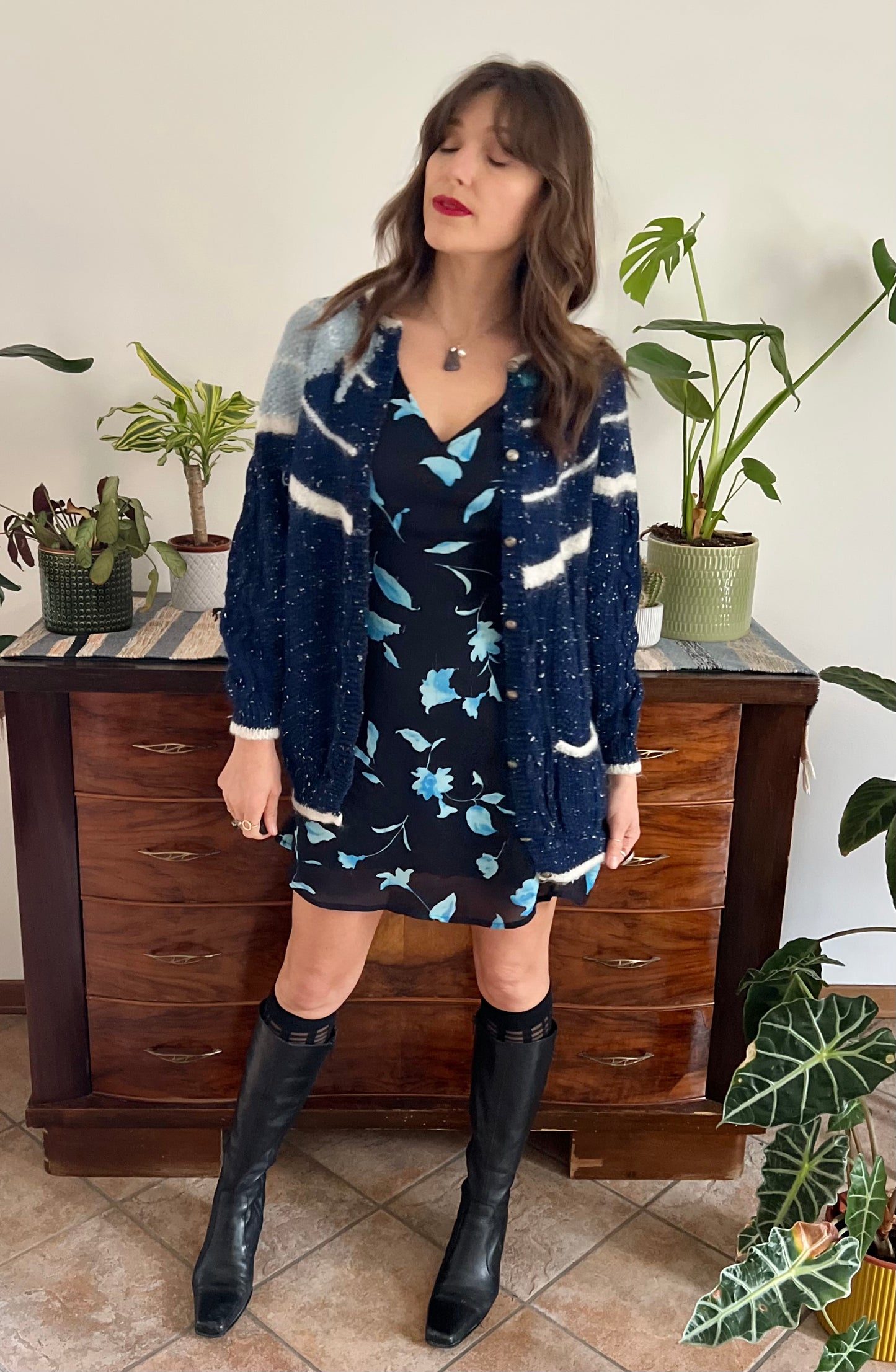 1970's vintage navy blue and cream speckled hand knit cardigan with turquoise asymmetric design
