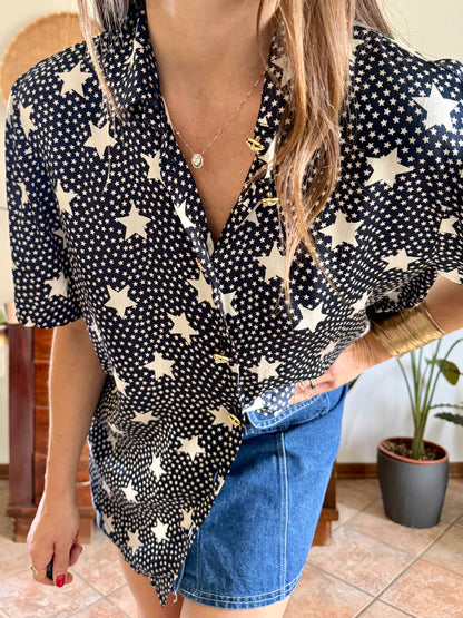 1970’s vintage navy blue silk blouse with star print and rhinestone star buttons
