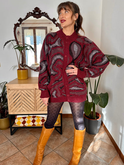 1970’s vintage burgundy, grey and black knit dress