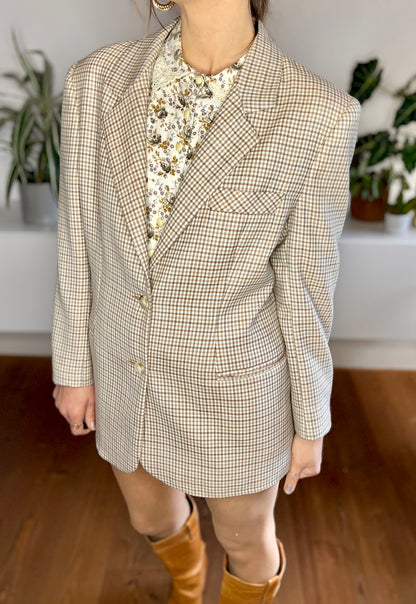 1970's vintage cream, blue and tan oversize plaid wool blazer