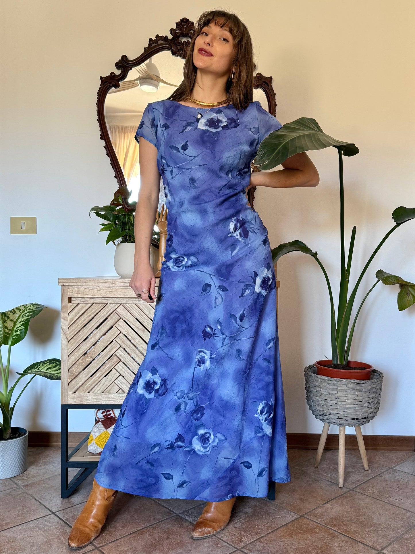 1990’s vintage multi-tonal blue floral maxi dress
