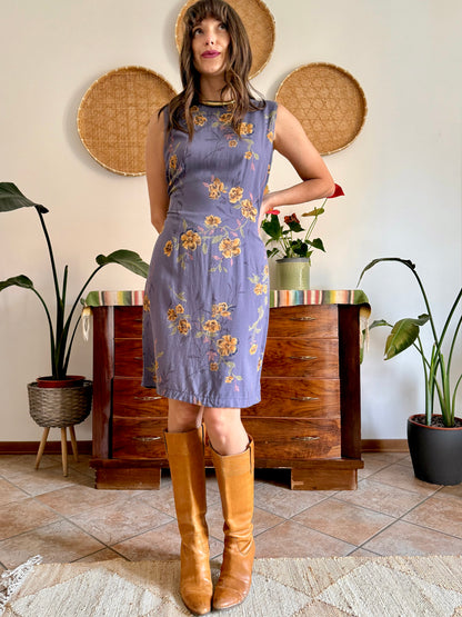 1990’s vintage purple midi shift dress with yellow and orange floral pattern