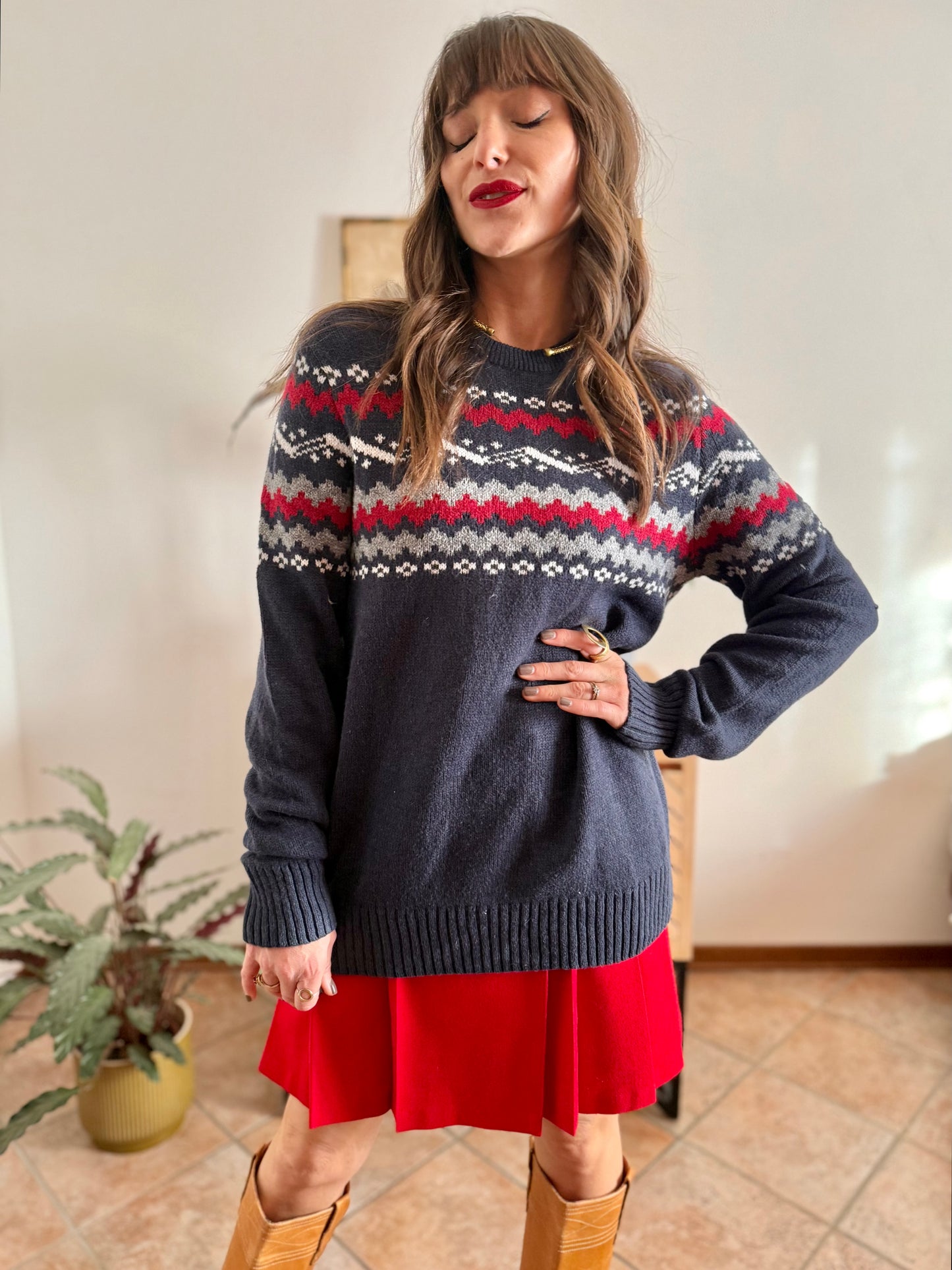 1990’s vintage navy blue knit pullover with red and cream geometric pattern