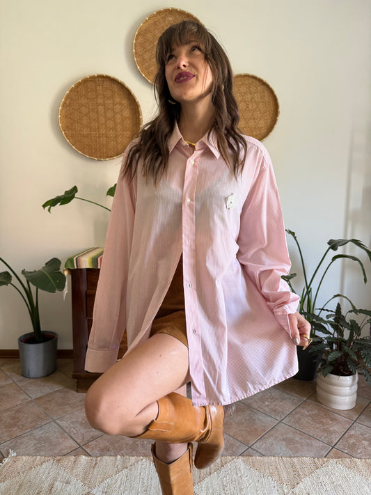 1970’s vintage oversize pink and cream stripe linen shirt with floral patch