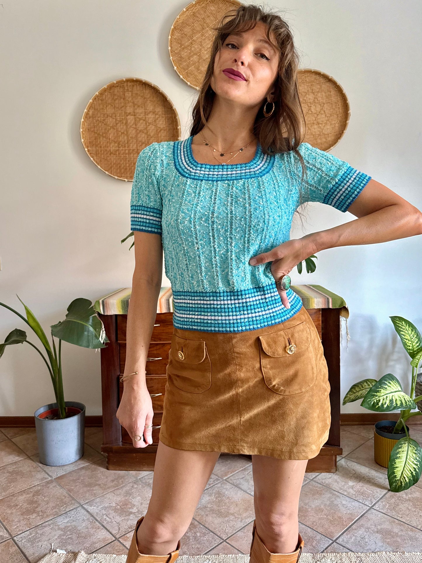 1970’s vintage turquoise,cream and blue textured knit top