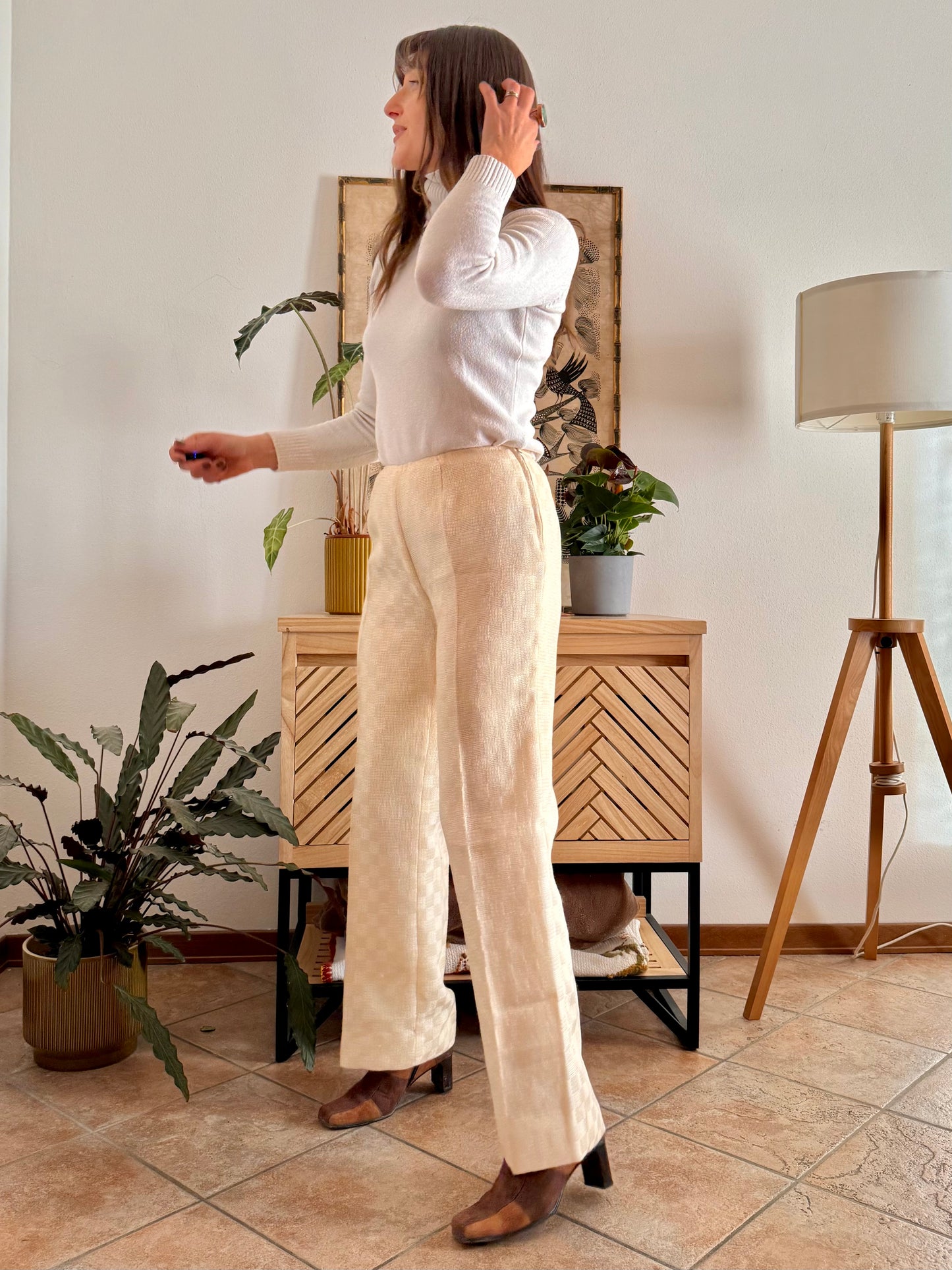 1970's vintage cream checkered weave tweed wool trousers