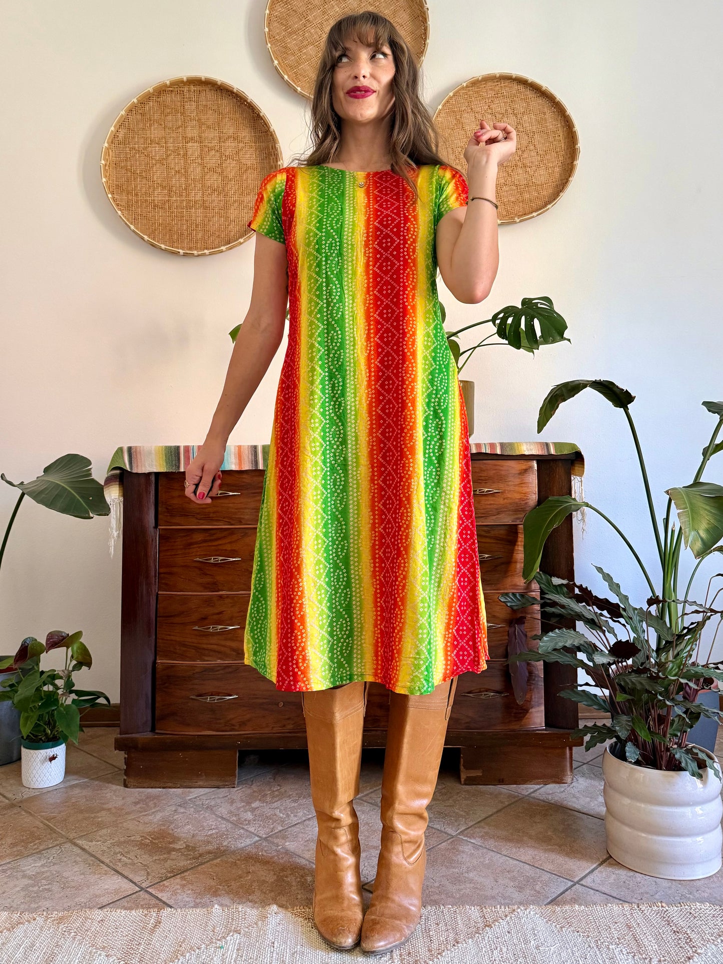 1970’s vintage multicolour tie die effect midi dress
