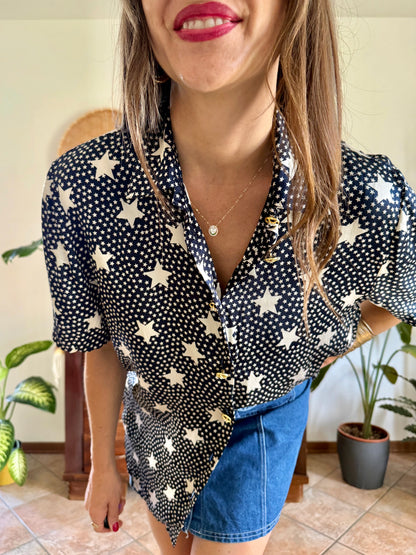 1970’s vintage navy blue silk blouse with star print and rhinestone star buttons