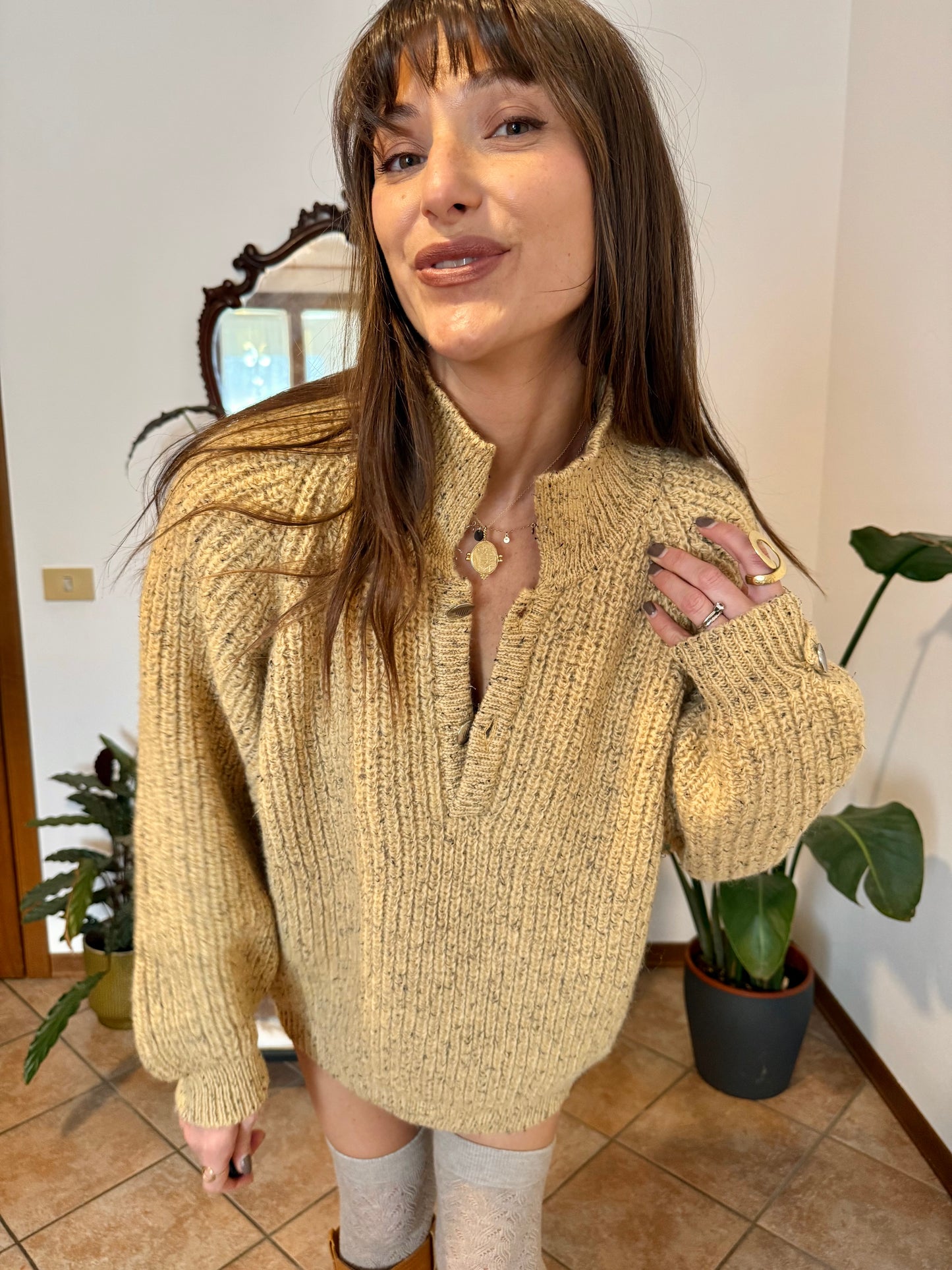 1970's vintage yellow thick knit wool pullover with grey flecks throughout