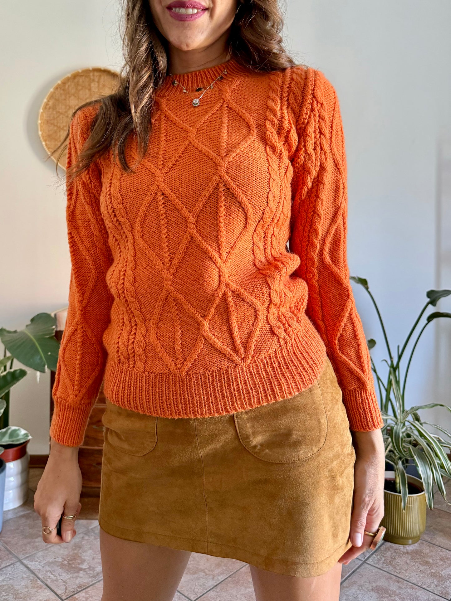 1970's vintage orange wool mock neck cable knit pullover