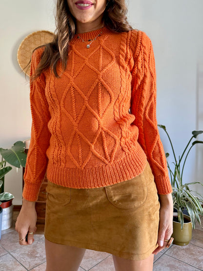 1970's vintage orange wool mock neck cable knit pullover