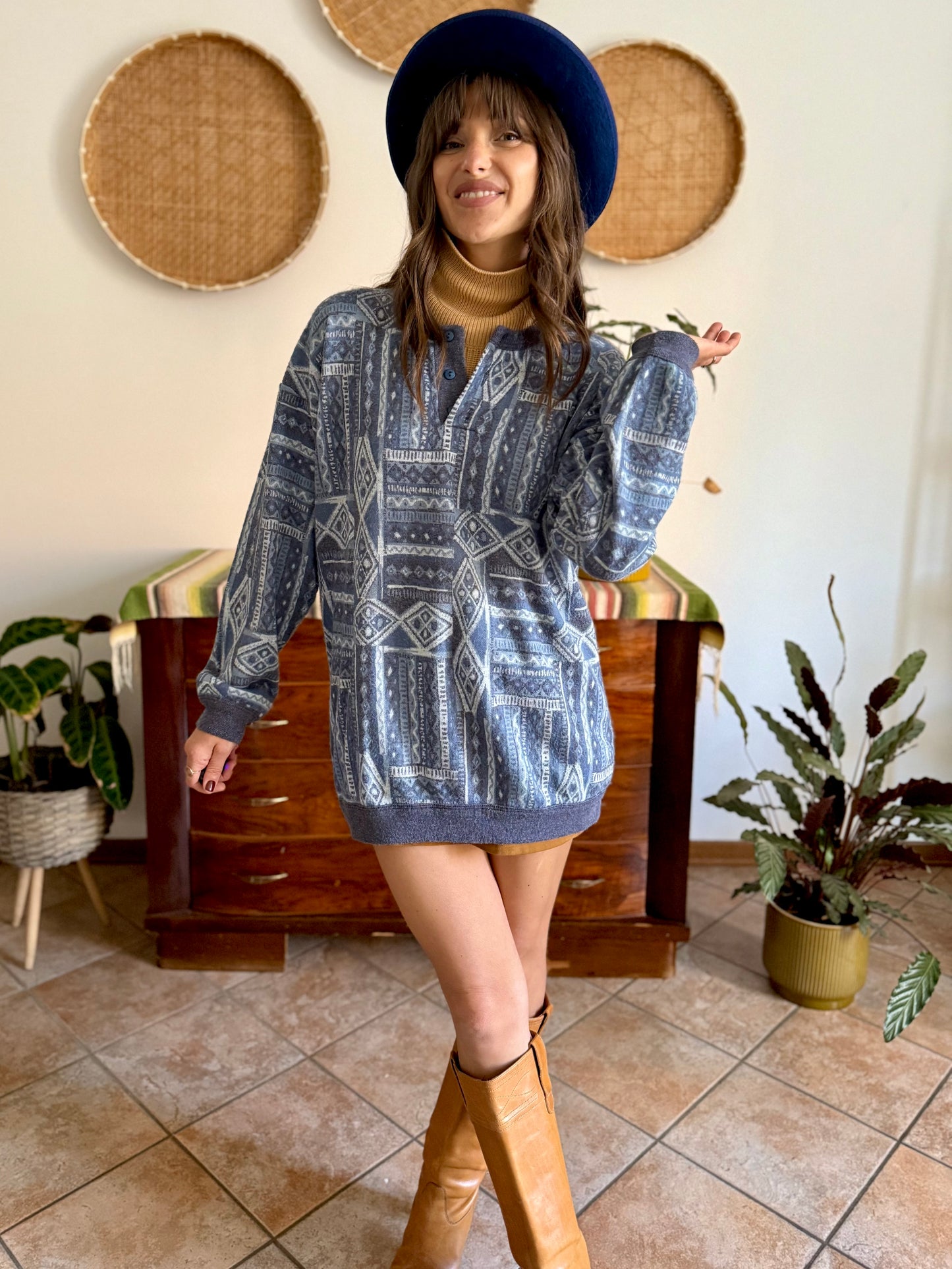 1980's vintage multi tonal blue geometric knit sweatshirt