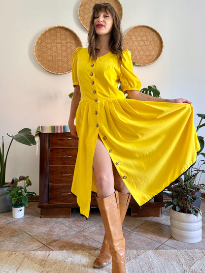 1960’s vintage canary yellow button down midi dress with black crochet detailing