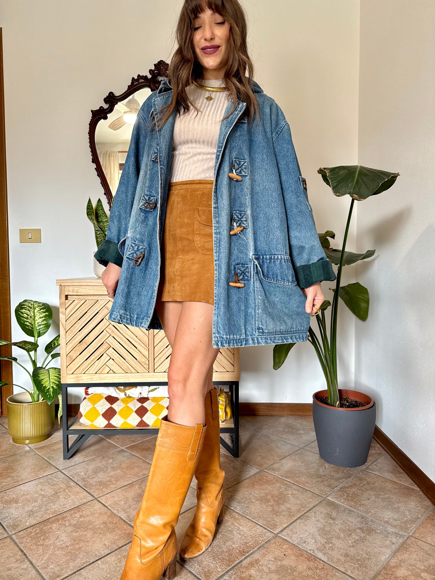 1990’s vintage denim duffle coat with green and navy plaid lining