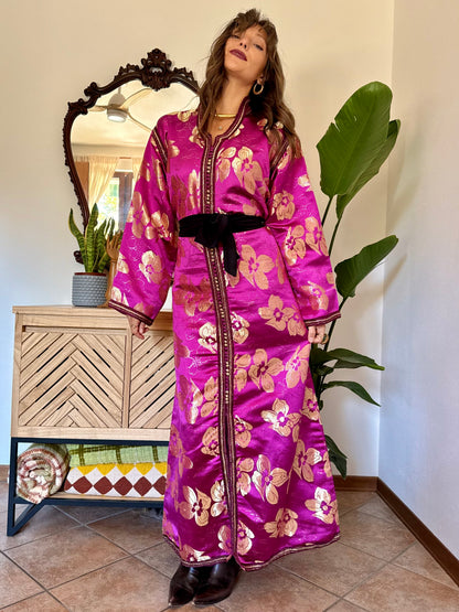 1970’s vintage fuchsia and gold floral weave brocade satin maxi dress