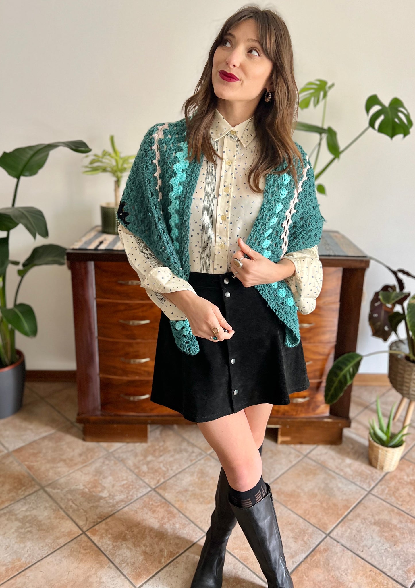 1970's vintage hand knit wool teal , black and yell stripe knit shawl