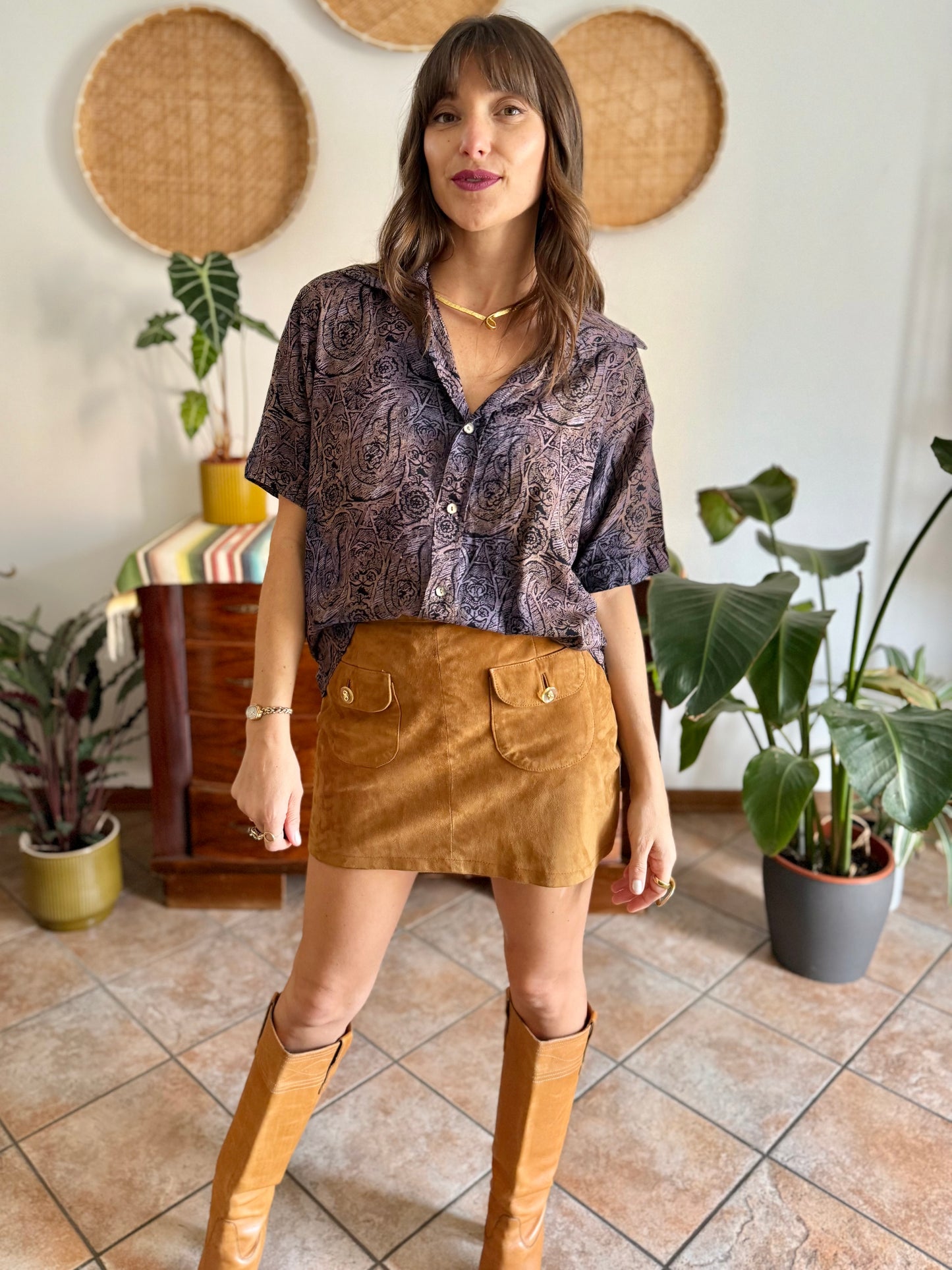 1970's vintage purple, tan and black abstract paisley print