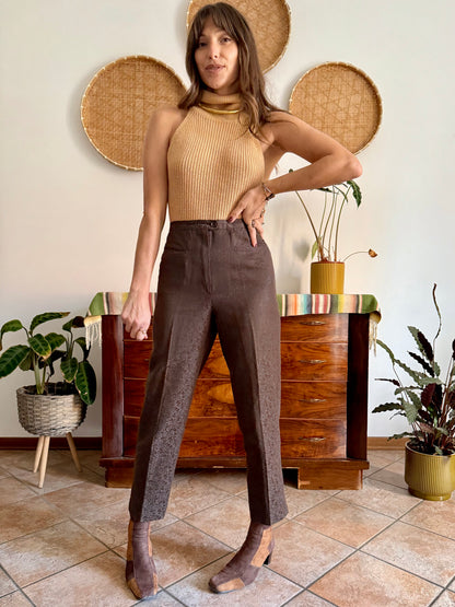 1970's vintage chocolate brown floral print tailored trousers