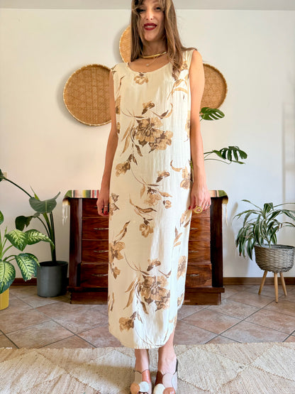 1990's vintage beige floral maxi dress with chocolate brown floral print