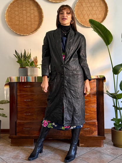 1990’s vintage butter soft black leather trench coat with lapel detail