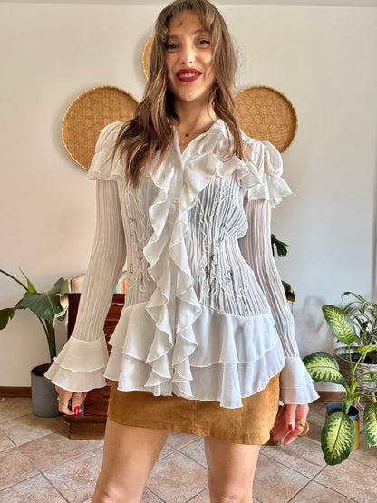1990’s vintage sheer white silk blend textured ruffle blouse with bell sleeves and floral embroider