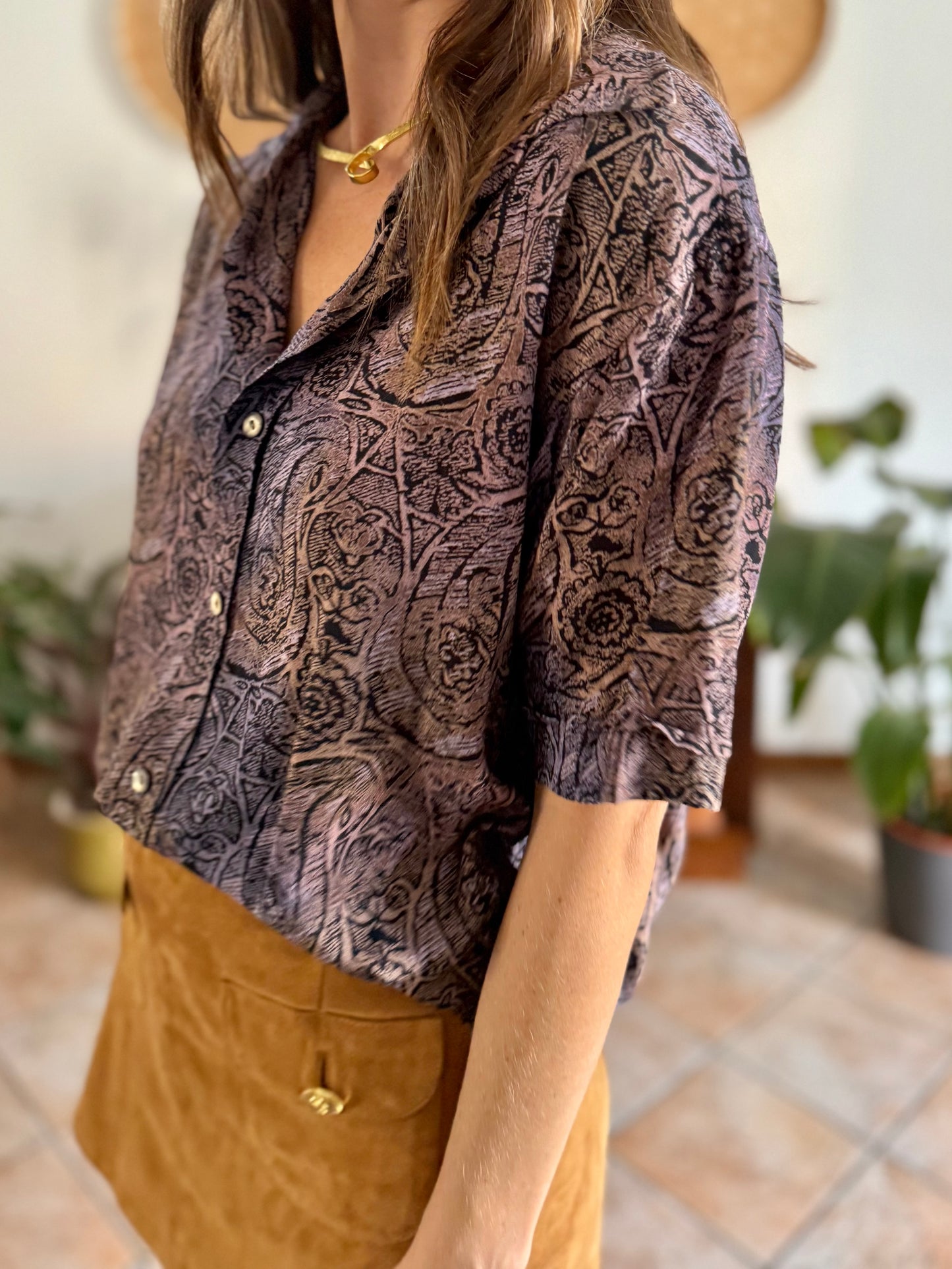 1970's vintage purple, tan and black abstract paisley print