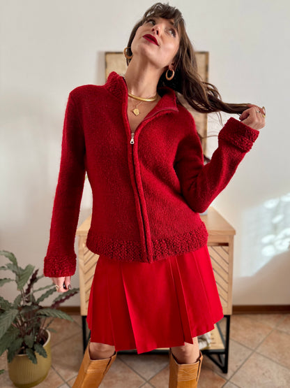 1990’s vintage textured cherry red knit zip up cardigan