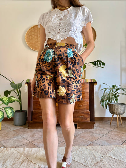 1980’s vintage leopard and floral print pleated front shorts