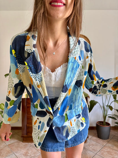 1990’s vintage blue, green and orange abstract print linen jacket