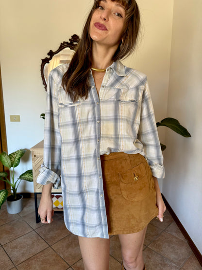 1990's vintage light blue, cream and beige western pearl snap shirt