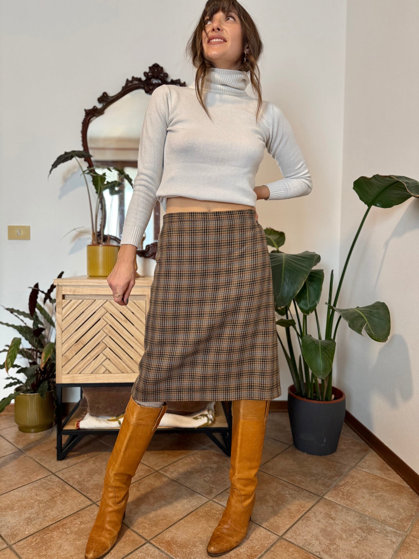 1970's vintage chocolate brown, green and blue plaid wool midi skirt