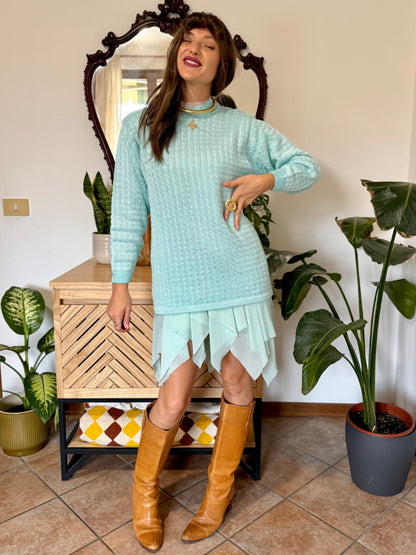 Y2k vintage light turquoise and silver wool blend  cable knit pullover