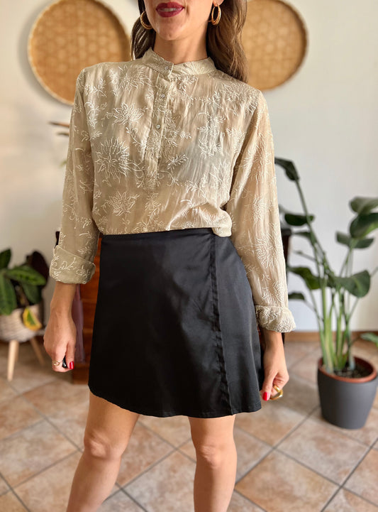 1970's vintage beige sheer silk blouse with cream embroidered floral pattern
