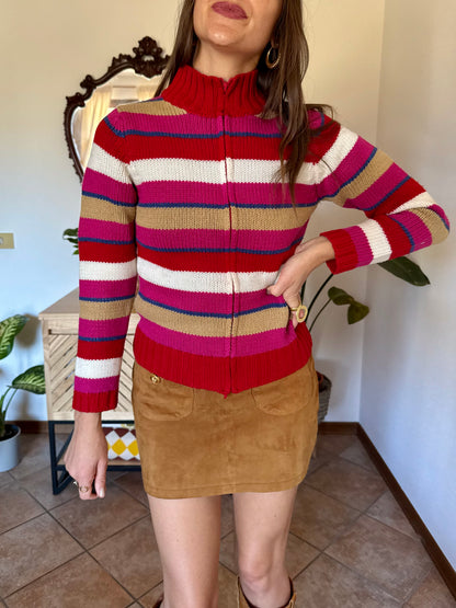 1990's vintage red, pink and blue stripe zip up wool knit cardigan