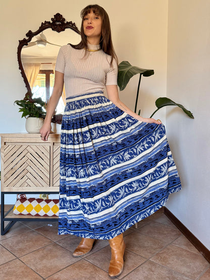 1990’s vintage blue and cream floral stripped maxi skirt