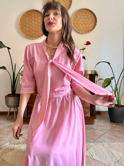 1970’s vintage pink maxi dress with bow tie collar