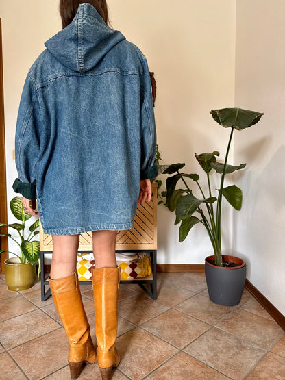1990’s vintage denim duffle coat with green and navy plaid lining